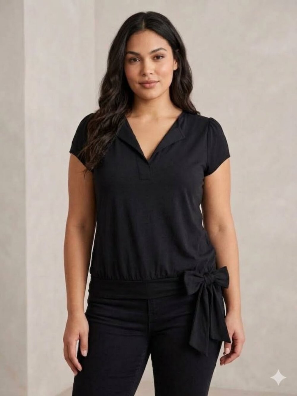 Sirens Black V-Neck Top | Short Sleeve Tie Waist Blouse | Casual | Large